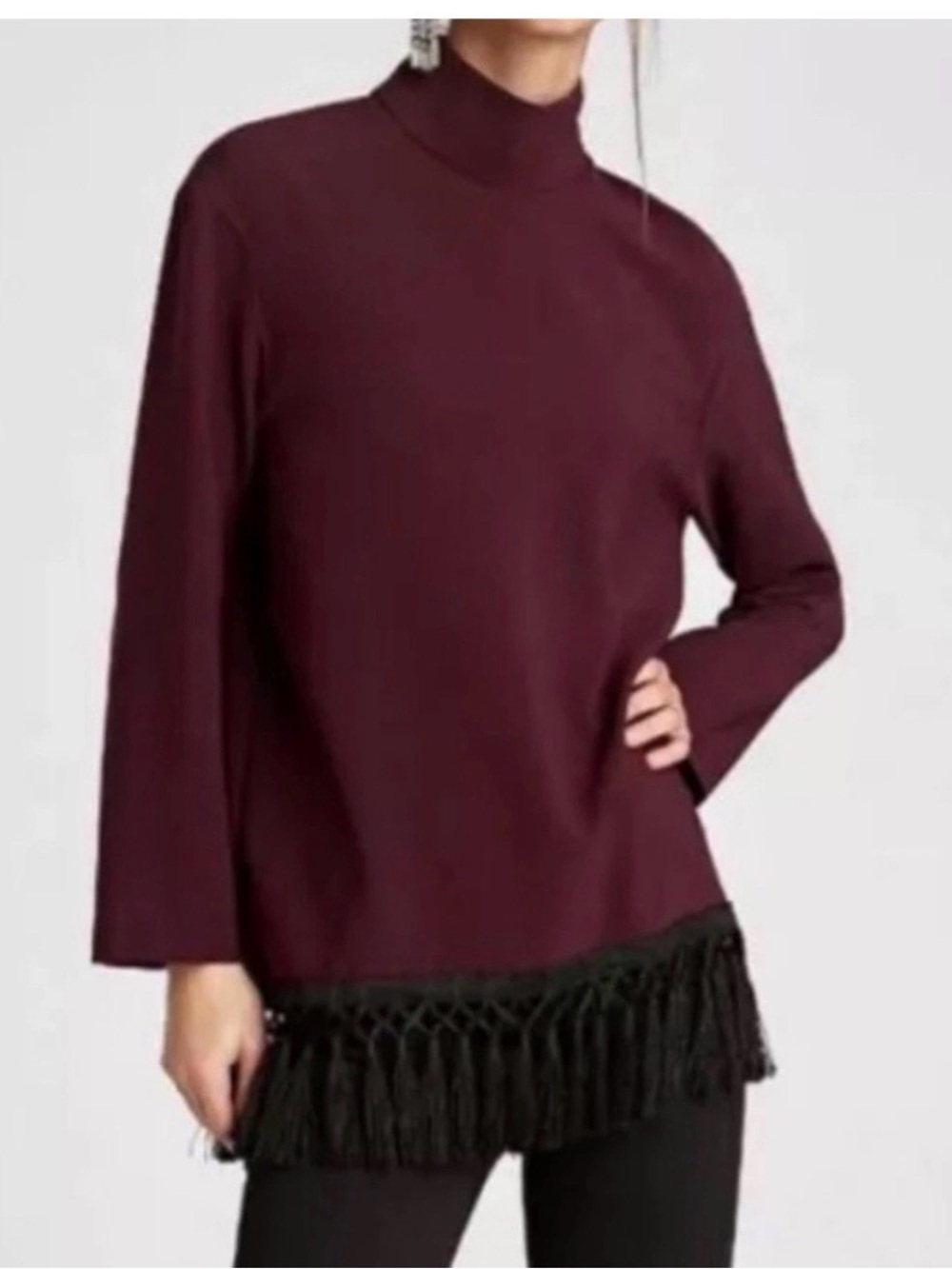 Zara Burgundy High Mock Neck Tassel Fringe Hem Tunic Top Size Small